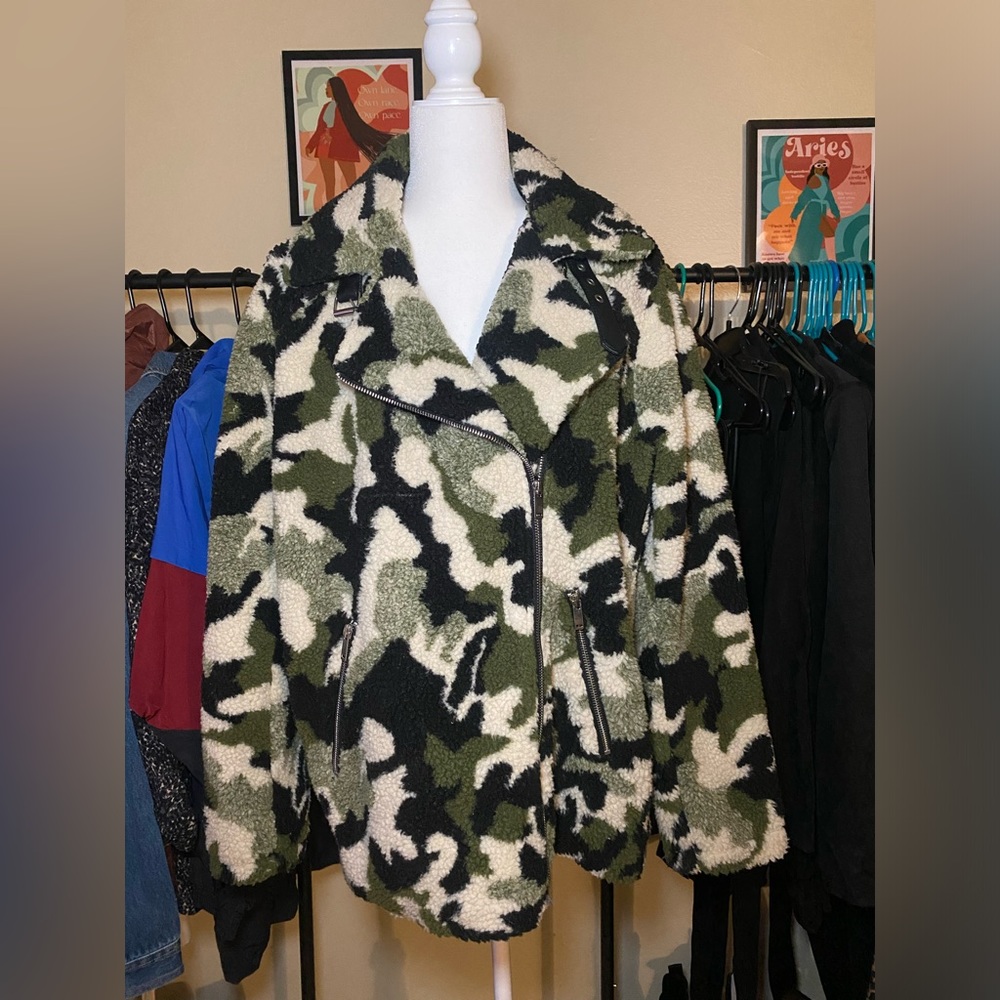Camo print teddy coat.